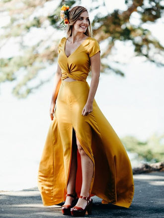 Yellow Short Sleeve Front Slit A-line Long Bridesmaid Dresses,PB1071