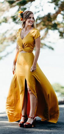 Yellow Short Sleeve Front Slit A-line Long Bridesmaid Dresses,PB1071