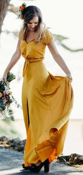 Yellow Short Sleeve Front Slit A-line Long Bridesmaid Dresses,PB1071