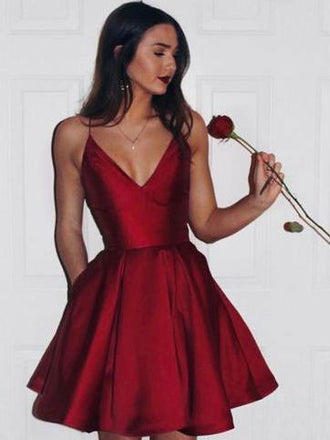 Simple Burgundy Cheap Satin Spaghetti Strap Homecoming Dress BTW124