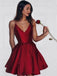 Simple Burgundy Cheap Satin Spaghetti Strap Homecoming Dress BTW124