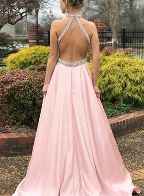 Pink A-line Satin Open Back Sleeveless Halter Long Prom Dress, MD319