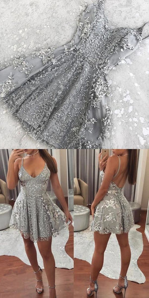 Sexy Spaghetti Strap Deep V Neck With Sequin Mini Short Homecoming Dress, BTW198
