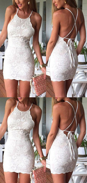 Mini White Lace Halter Lace Up Tight Short Homecoming Dress, BTW209