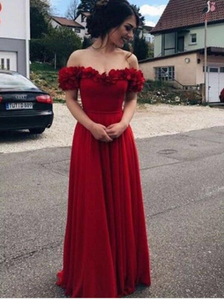 Pretty Red Off the Shoulder Applique Floor Length  Evening Prom Dresses, SW0055