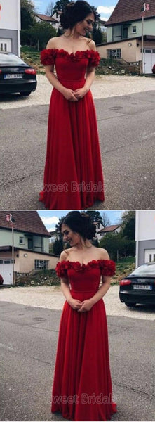 Pretty Red Off the Shoulder Applique Floor Length  Evening Prom Dresses, SW0055