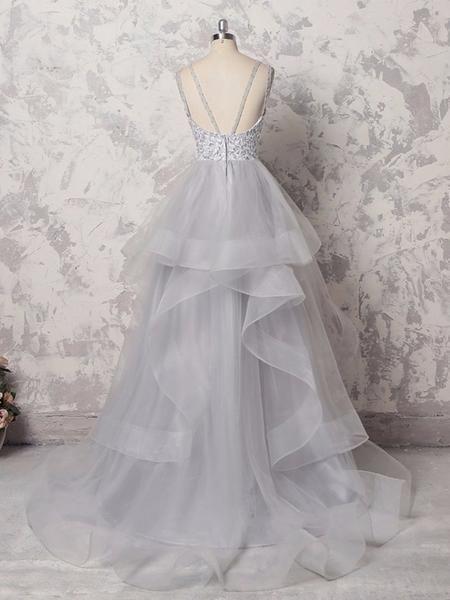 Gorgeous Organza Beaded Waistband Sweep Train Long Evening Prom Dresses, ,MD326