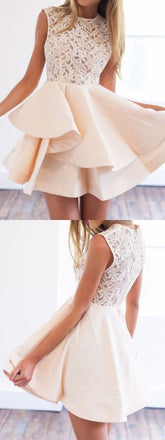 Elegant Round Neck Lace Top A Line With Ruffle Short Homecoming Dress, BTW200