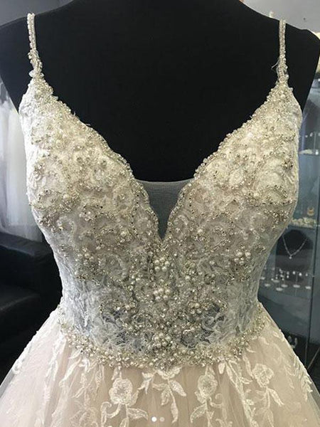 Chic Spaghetti Strap V-Neck Lace Beaded Wedding Dresses, BW0594