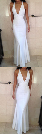 Charming White Halter Deep V-Neck Backless Mermaid Floor Length Evening Prom Dresses, SW0044