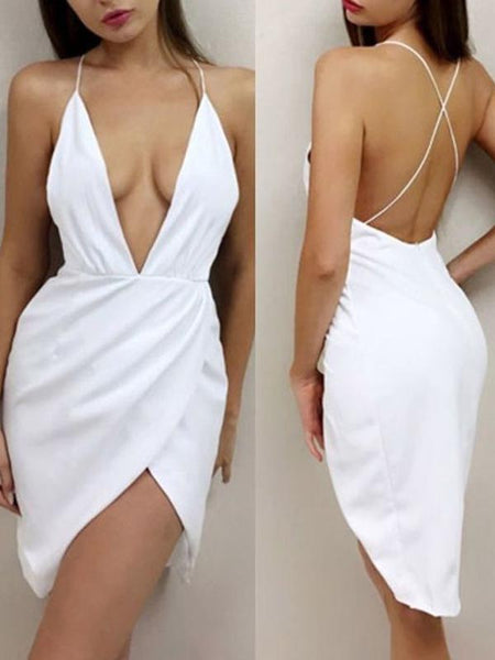 Sexy Simple White Deep V-Neck Backless Short Homecoming Dresses, SW0018