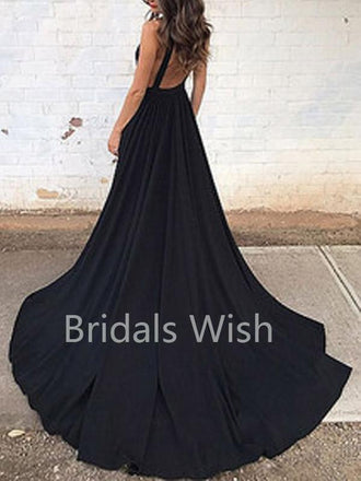 A-Line Deep V-Neck Court Train Sleeveless Backless Black Long Evening Prom Dresses, BW0076