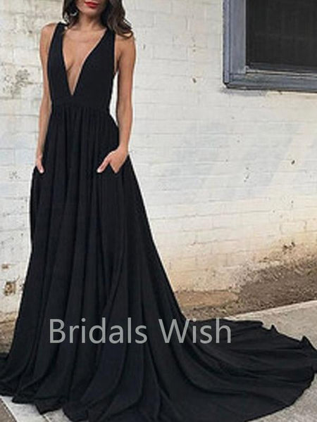 A-Line Deep V-Neck Court Train Sleeveless Backless Black Long Evening Prom Dresses, BW0076
