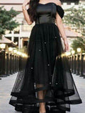 Pretty Black Off the Shoulder Beaded Organza Long Evening Prom Dresses, BW0601