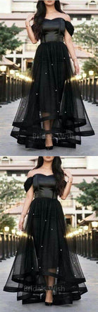 Pretty Black Off the Shoulder Beaded Organza Long Evening Prom Dresses, BW0601