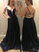 Blue Spaghetti Strap Backless Deep V-Neck Long Evening Prom Dresses, BW0602