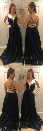 Blue Spaghetti Strap Backless Deep V-Neck Long Evening Prom Dresses, BW0602