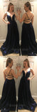 Blue Spaghetti Strap Backless Deep V-Neck Long Evening Prom Dresses, BW0602