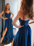 Elegant Spaghetti Strap Lace Top Side Slit Long Evening Prom Dresses, BW0604