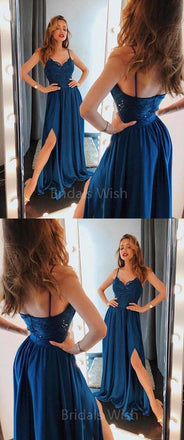 Elegant Spaghetti Strap Lace Top Side Slit Long Evening Prom Dresses, BW0604