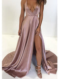 Elegant Blush Pink Halter Deep V-Neck Side Slit Sweep Train Evening Prom Dresses, SW0058