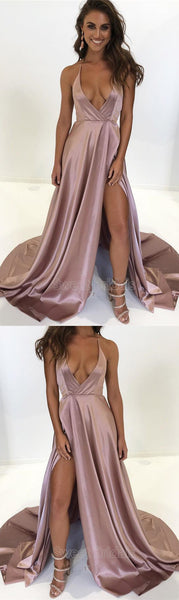 Elegant Blush Pink Halter Deep V-Neck Side Slit Sweep Train Evening Prom Dresses, SW0058