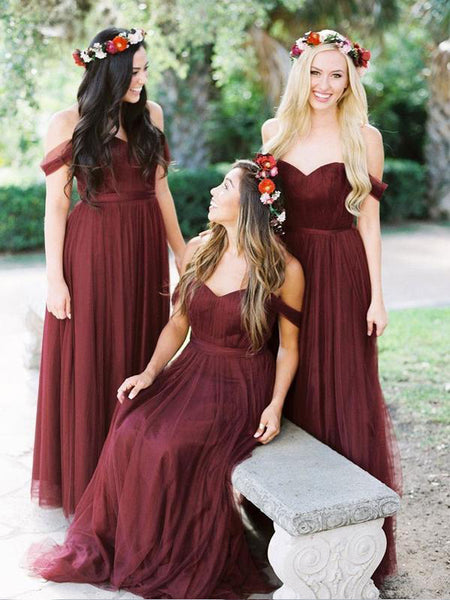 Beautiful Off Shoulder Tulle A Line Long Bridesmaid Dresses, SW1004