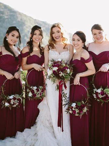 Charming Burgundy Off the Shoulder Spaghetti Strap Sweet Heart Long Bridesmaid Dresses , SW0003
