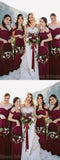 Charming Burgundy Off the Shoulder Spaghetti Strap Sweet Heart Long Bridesmaid Dresses , SW0003