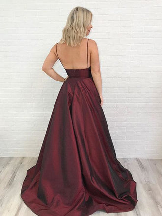 Affordable Burgundy Spaghetti Strap V-Neck Open Back Floor Length Evening Prom Dresses, SW0064