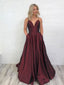 Affordable Burgundy Spaghetti Strap V-Neck Open Back Floor Length Evening Prom Dresses, SW0064