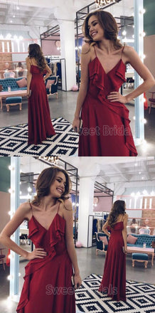 Pretty A-Line Burgundy Spaghetti Strap V-Neck Floor Length Evening Prom Dresses, SW0074