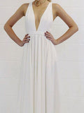 Chic White Deep V-Neck Backless Floor Length Evening Prom Dresses, SW0042