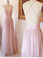 Pink V Neck Tulle Long prom dress, Evening dress, MD315