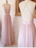 Pink V Neck Tulle Long prom dress, Evening dress, MD315