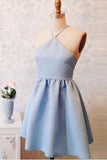 Simple Halter Light Blue Lace Up Satin A Line Short Homecoming Dress, BTW196