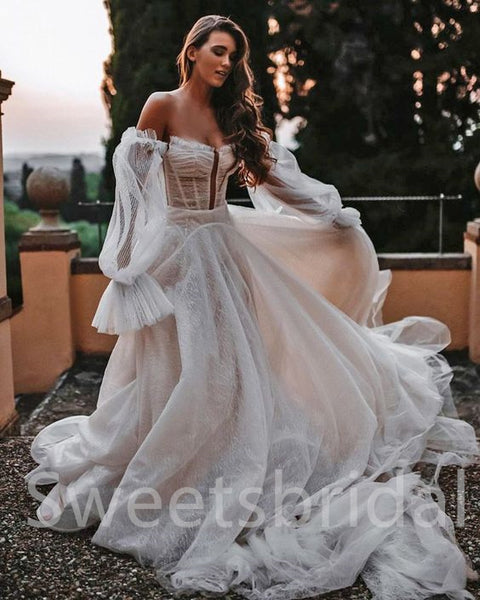 Elegant Off shoulder Long sleeves A-line Wedding Dresses,DB0285