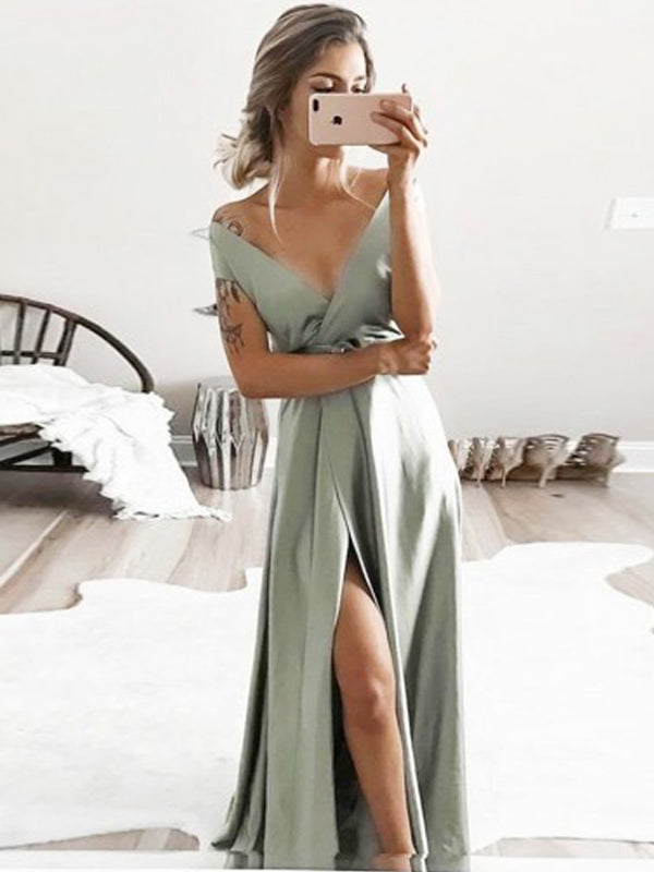 Gorgeous Sage Green Off the Shoulder V-Neck Side Slit Floor length Evening Prom Dresses, SW0030