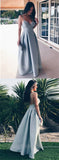 Elegant Light Blue Spaghetti Strap V-Neck Backless Floor Length Evening Prom Dresses, SW0034