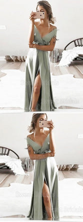 Gorgeous Sage Green Off the Shoulder V-Neck Side Slit Floor length Evening Prom Dresses, SW0030