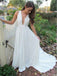 Pretty White Deep V-Neck Open Back Sweep Train Evening Prom Dresses, SW0043