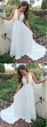 Pretty White Deep V-Neck Open Back Sweep Train Evening Prom Dresses, SW0043