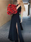 Gorgeous Black Deep V-Neck Open Back Side Slit Long Evening Prom Dresses, SW0040