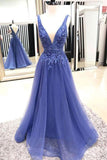 Sexy A-line Deep V-neck Sleeveless Lace Tulle Long Prom Dress, MD307