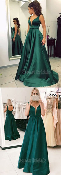 Simple Emerald Green Open Back Floor Length Evening Prom Dresses, SW0070