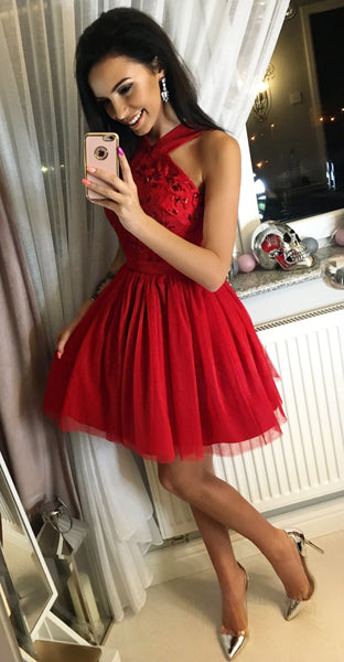Pretty Red Sleeveless Zipper Tulle A Line Mini Short Homecoming Dress, BTW179