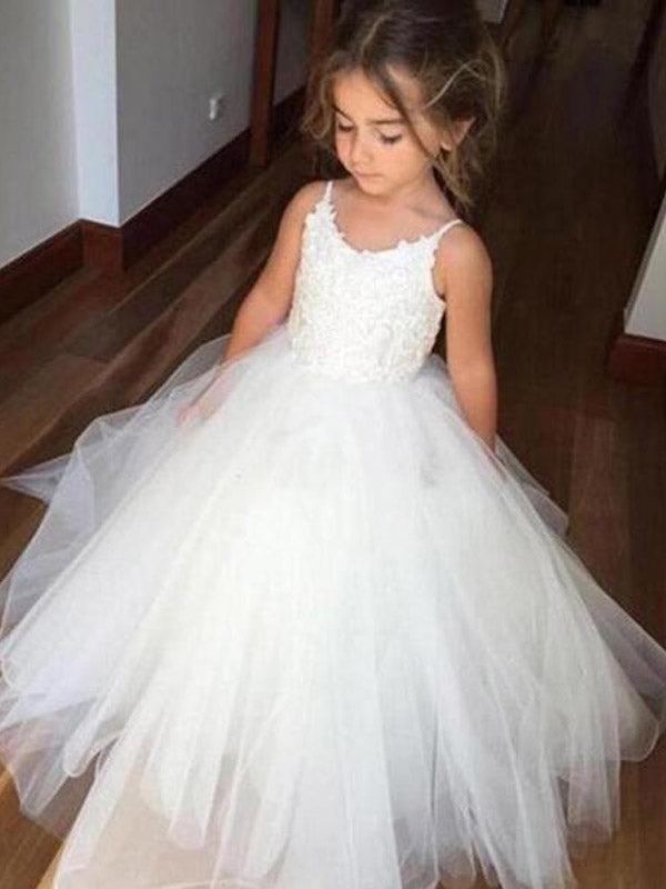 Pretty Spaghetti Strap Lace Top Tulle Hot Sale Flower Girl Dresses For Wedding Party, SW0005
