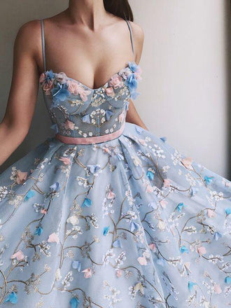 Charming Flower Applique Sky Blue Spaghetti Strap Long Evening Prom Dresses, SW0067