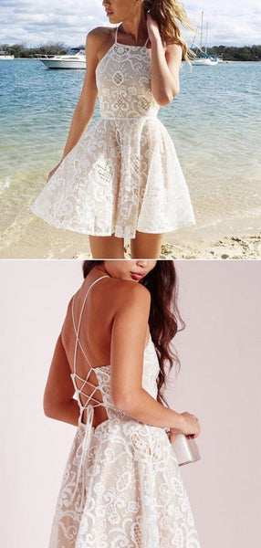 Simple Halter Lace Up Open Back A Line Short Homecoming Dress, BTW173