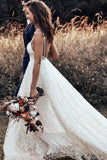 Charming V-neck Spaghetti Strap Lace Open Back Cheap Simple Wedding Dresses, WG199